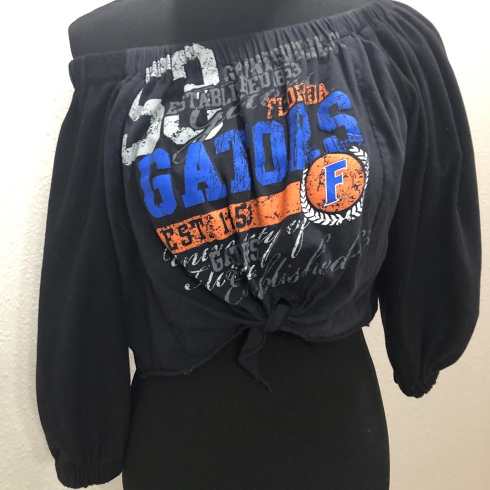 UF Florida Gators Game Day Chic Cropped Off Shoulder Black Custom Tee, Size Med